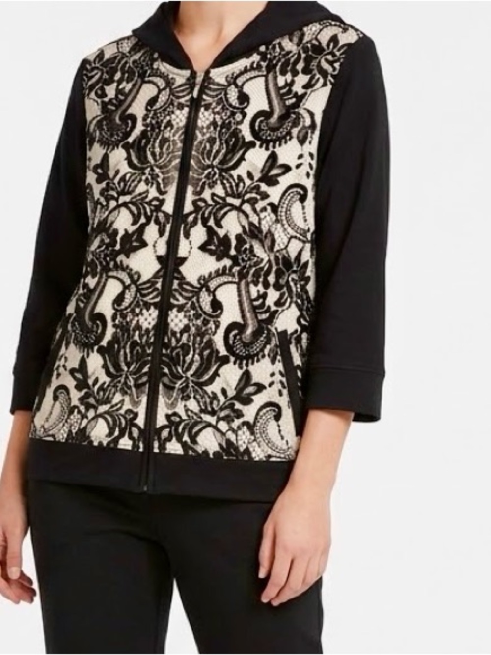 CHICO’S Zenergy Black & Cream Zip Front Hoodie Front Zip Sweatshirt Jacket #LHP